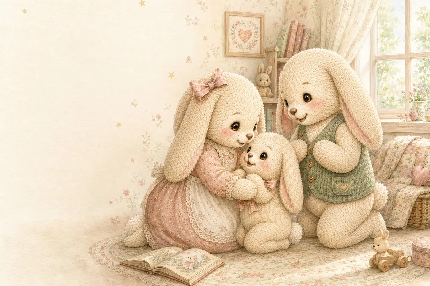 Mummy, Daddy and little bunny cuddled together in a warm nursery — a tender family portrait as they prepare to welcome a new baby.