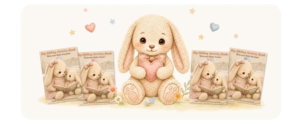 The signature BHALO bunny holding a blush heart, surrounded by the four Big Sibling Activity Books — Baby Surprise, Baby Sister, Baby Twins, Baby Brother — with drifting stars and watercolour hearts.