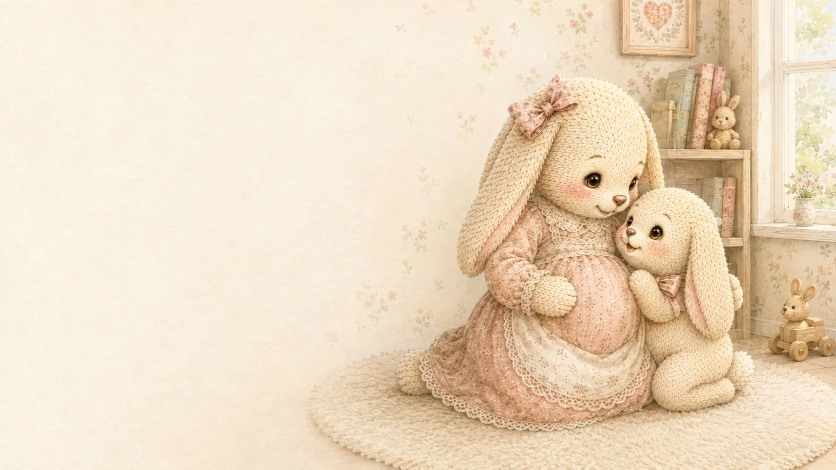 Mummy bunny in a soft nursery, hands resting tenderly on her pregnancy belly, with her little bunny cuddled close beside her — a quiet, warm moment awaiting baby.