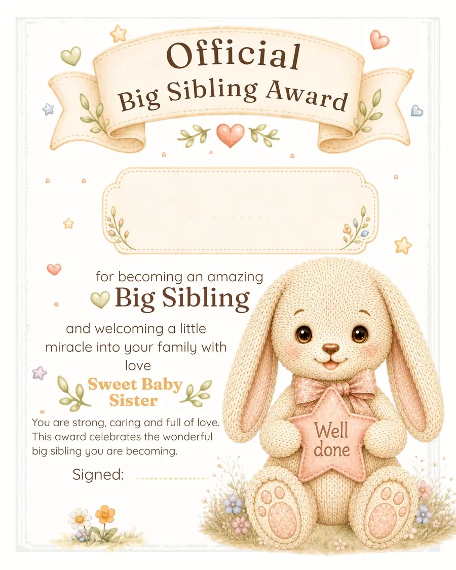Official Big Sibling Award interior page — a keepsake certificate to fill in and treasure