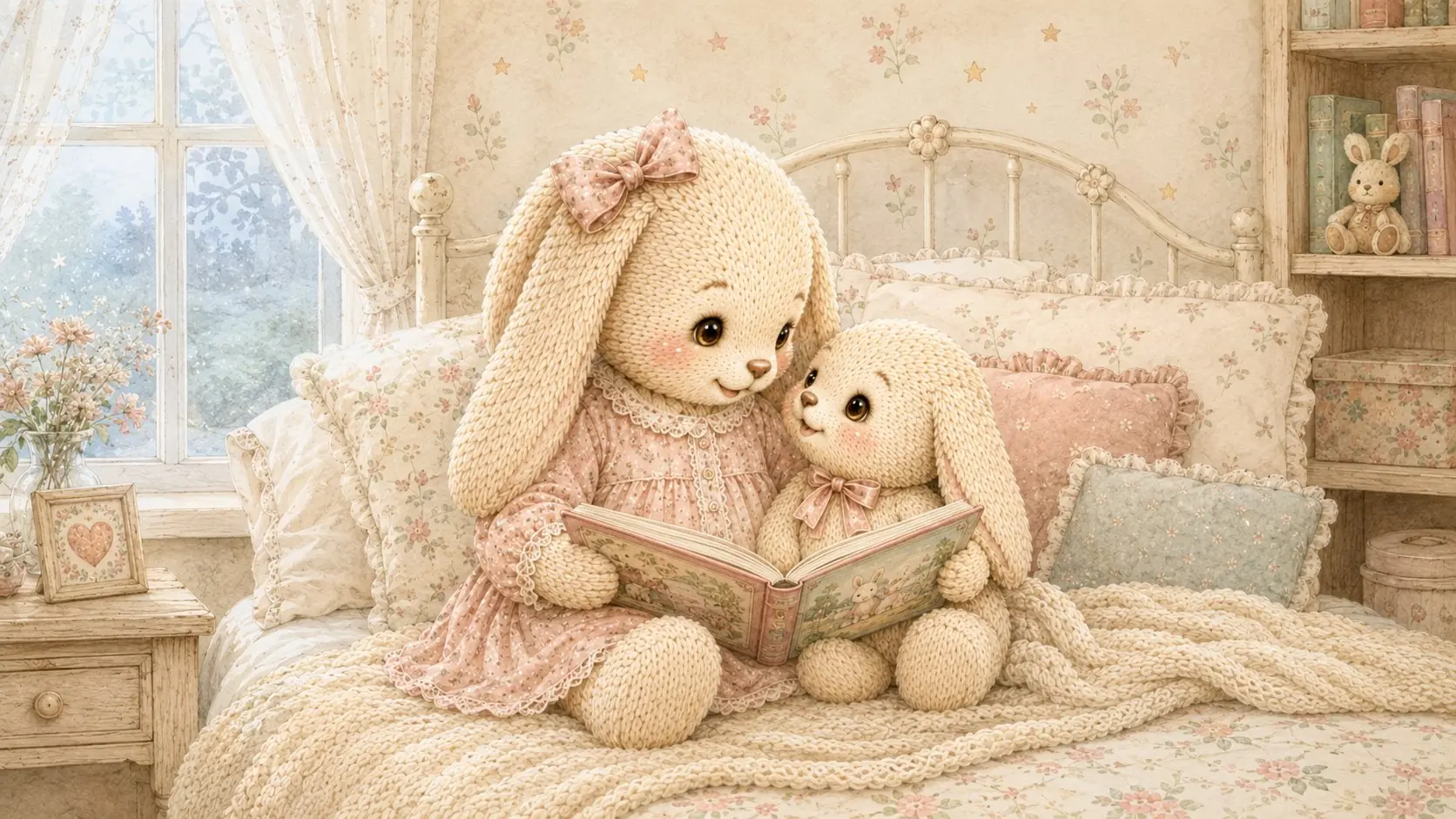 Mummy bunny reading a storybook to her little bunny on a soft cream nursery bed, morning light drifting through the window — a quiet reassurance.